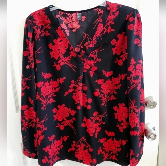 Women floral print blouse long sleeves black& red pop over‎ - Picture 1 of 10